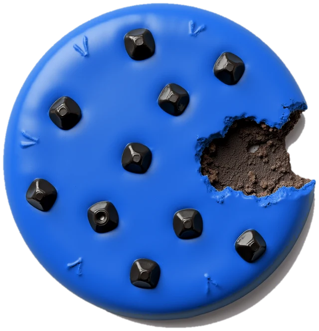 Blauer Gusseisen-Keks mit Schrauben und einem Biss